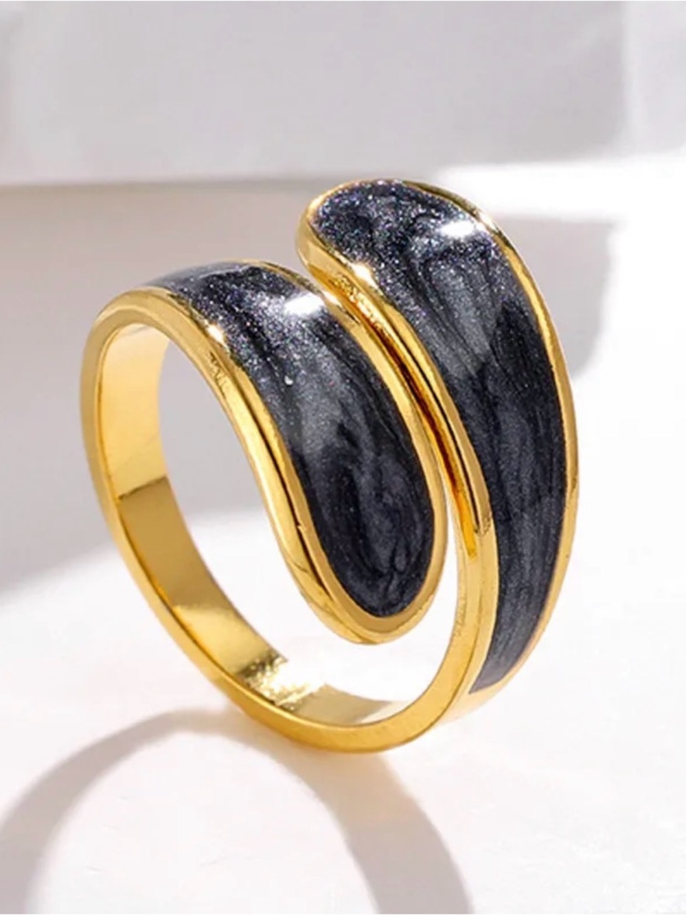 Gold Plated Black Swirl Open Wrap Ring